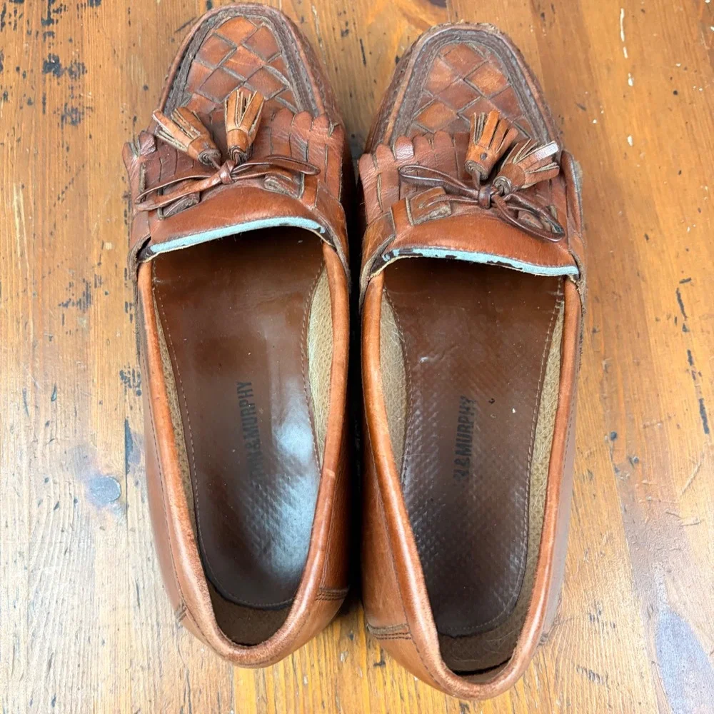 Vintage Brown Leather Woven Kiltie Tassel‎ Loafer Mens 9M Slip On Cognac Brown